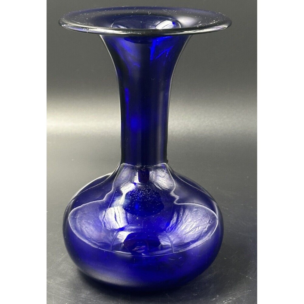 Vintage Handblown Deep Cobalt Blue Glass Flared Gooseneck Vase with Bulbous Base